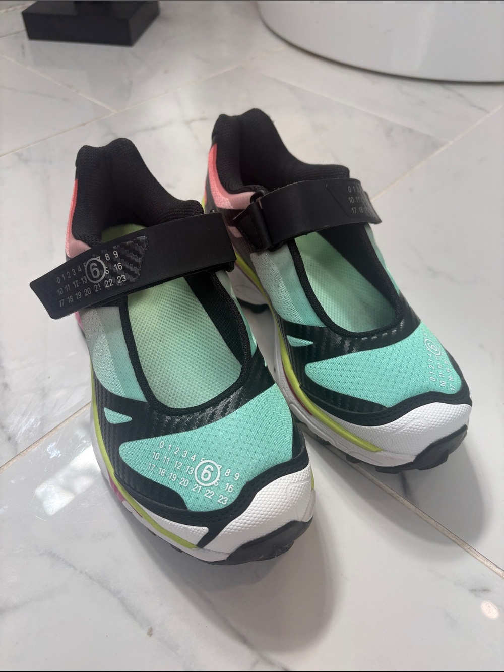 Salomon Mint Green and Pink Sport Mary Jane Sneakers with Black Strap